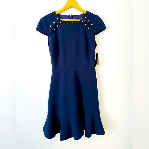 NWT City Studio Navy Blue Dress, Size 3, Daytime Dress, Pear Trim Cap Sleeve - Picture 1 of 11